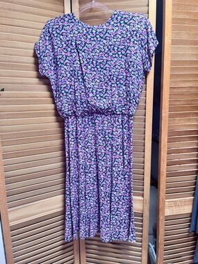 Vintage 80s Women’s  Floral  Midi Dress with Elastic Waist